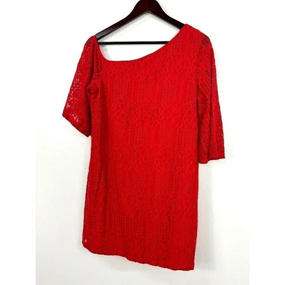 Laundry by Shelli Segal Womens Size M Red Lace Shift Dress Cocktail Evening E4 - Picture 6 of 11